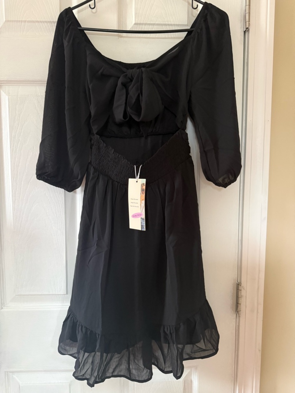 OndadeMar Black Midi Dress with Tie-Front and Smocked Waist